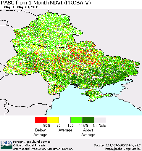 Ukraine, Moldova and Belarus PASG from 1-Month NDVI (PROBA-V) Thematic Map For 5/21/2019 - 5/31/2019