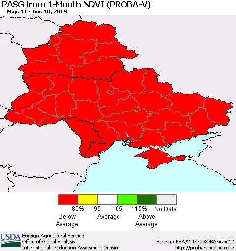 Ukraine, Moldova and Belarus PASG from 1-Month NDVI (PROBA-V) Thematic Map For 6/1/2019 - 6/10/2019