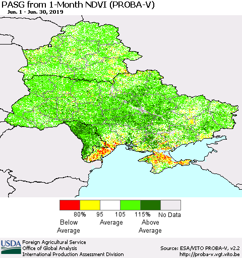 Ukraine, Moldova and Belarus PASG from 1-Month NDVI (PROBA-V) Thematic Map For 6/21/2019 - 6/30/2019