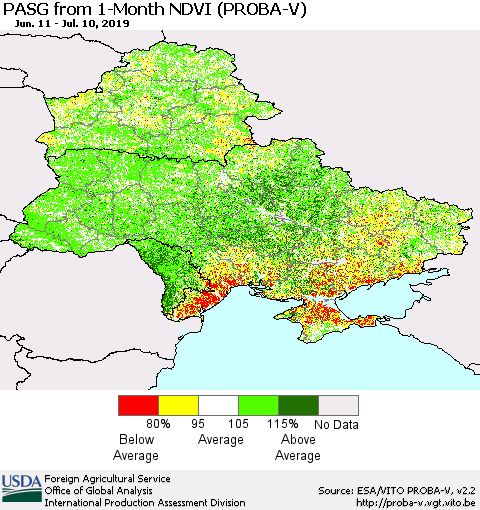 Ukraine, Moldova and Belarus PASG from 1-Month NDVI (PROBA-V) Thematic Map For 7/1/2019 - 7/10/2019