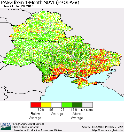 Ukraine, Moldova and Belarus PASG from 1-Month NDVI (PROBA-V) Thematic Map For 7/11/2019 - 7/20/2019