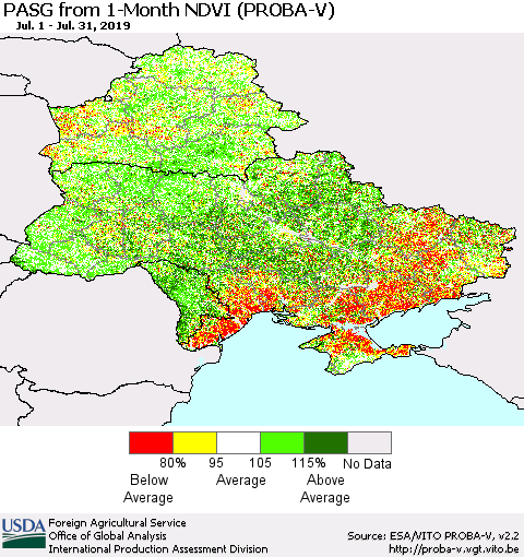 Ukraine, Moldova and Belarus PASG from 1-Month NDVI (PROBA-V) Thematic Map For 7/21/2019 - 7/31/2019