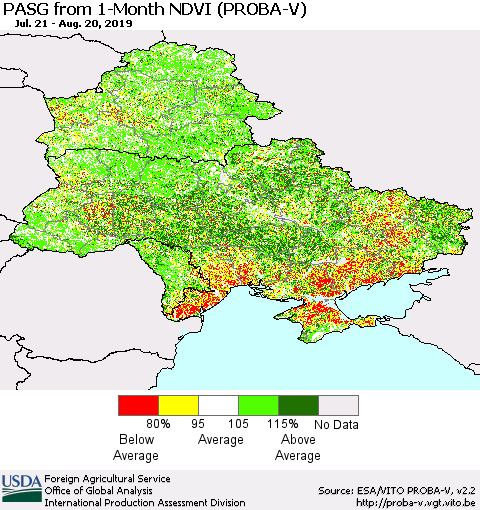 Ukraine, Moldova and Belarus PASG from 1-Month NDVI (PROBA-V) Thematic Map For 8/11/2019 - 8/20/2019