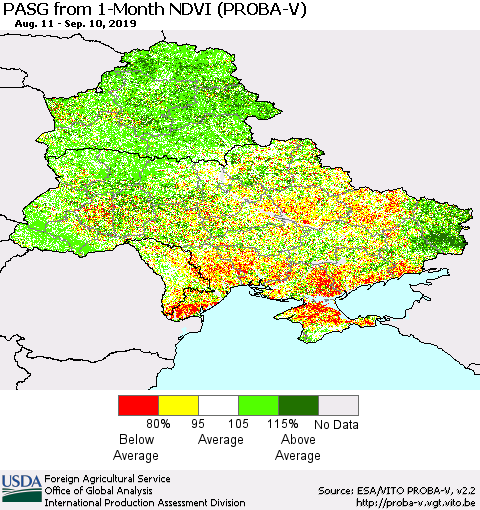 Ukraine, Moldova and Belarus PASG from 1-Month NDVI (PROBA-V) Thematic Map For 9/1/2019 - 9/10/2019