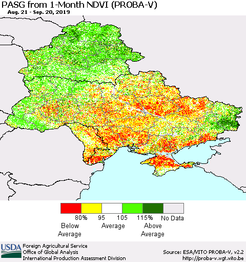Ukraine, Moldova and Belarus PASG from 1-Month NDVI (PROBA-V) Thematic Map For 9/11/2019 - 9/20/2019