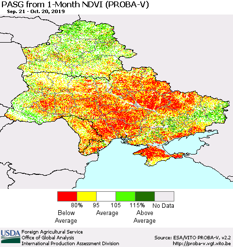 Ukraine, Moldova and Belarus PASG from 1-Month NDVI (PROBA-V) Thematic Map For 10/11/2019 - 10/20/2019