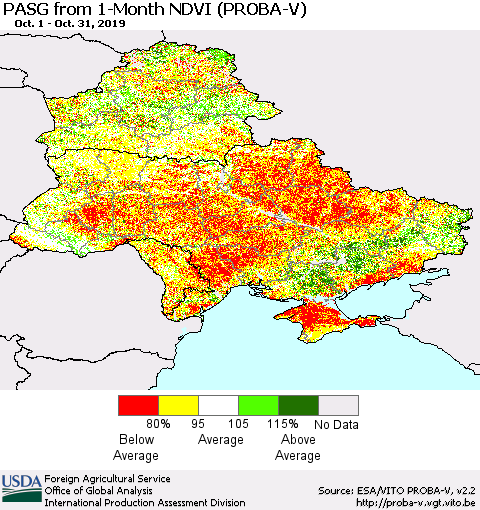Ukraine, Moldova and Belarus PASG from 1-Month NDVI (PROBA-V) Thematic Map For 10/21/2019 - 10/31/2019