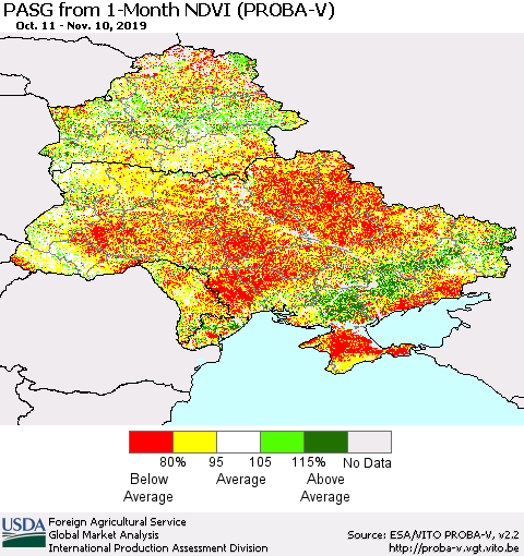 Ukraine, Moldova and Belarus PASG from 1-Month NDVI (PROBA-V) Thematic Map For 11/1/2019 - 11/10/2019