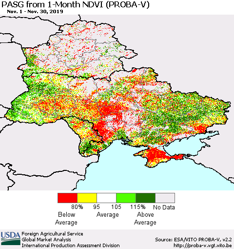 Ukraine, Moldova and Belarus PASG from 1-Month NDVI (PROBA-V) Thematic Map For 11/21/2019 - 11/30/2019