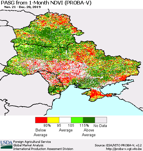 Ukraine, Moldova and Belarus PASG from 1-Month NDVI (PROBA-V) Thematic Map For 12/11/2019 - 12/20/2019