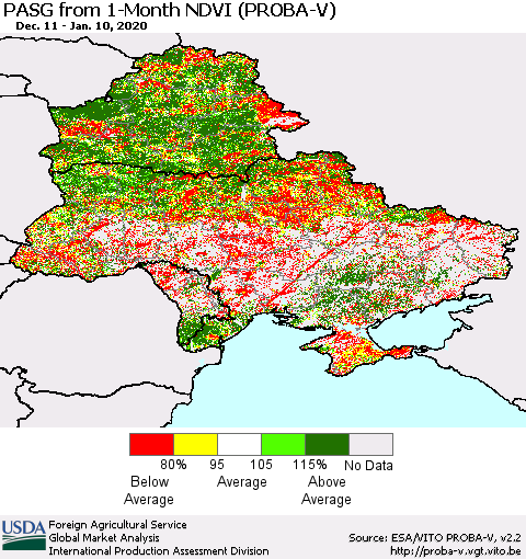 Ukraine, Moldova and Belarus PASG from 1-Month NDVI (PROBA-V) Thematic Map For 1/1/2020 - 1/10/2020