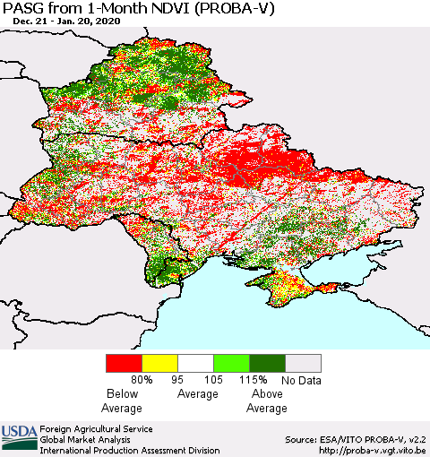 Ukraine, Moldova and Belarus PASG from 1-Month NDVI (PROBA-V) Thematic Map For 1/11/2020 - 1/20/2020