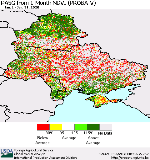 Ukraine, Moldova and Belarus PASG from 1-Month NDVI (PROBA-V) Thematic Map For 1/21/2020 - 1/31/2020