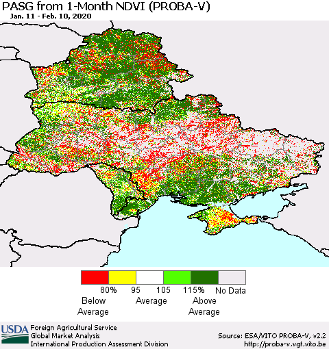 Ukraine, Moldova and Belarus PASG from 1-Month NDVI (PROBA-V) Thematic Map For 2/1/2020 - 2/10/2020