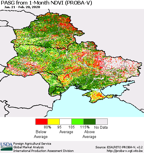 Ukraine, Moldova and Belarus PASG from 1-Month NDVI (PROBA-V) Thematic Map For 2/11/2020 - 2/20/2020