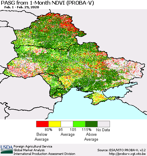 Ukraine, Moldova and Belarus PASG from 1-Month NDVI (PROBA-V) Thematic Map For 2/21/2020 - 2/29/2020