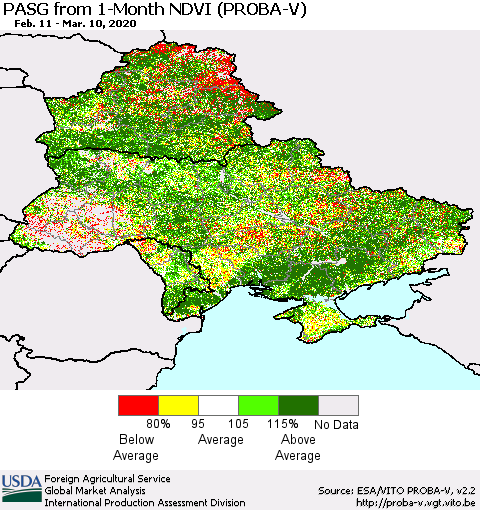 Ukraine, Moldova and Belarus PASG from 1-Month NDVI (PROBA-V) Thematic Map For 3/1/2020 - 3/10/2020