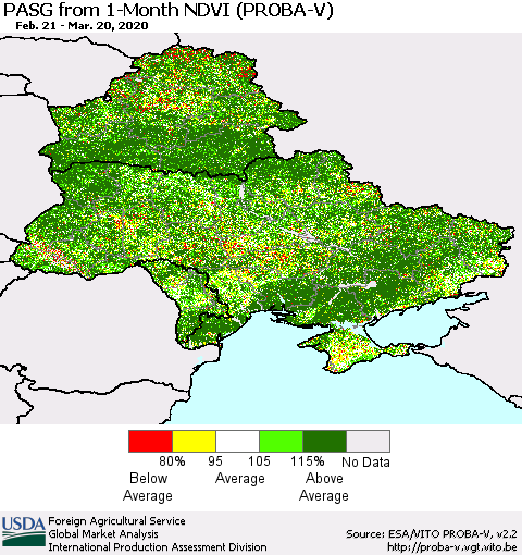 Ukraine, Moldova and Belarus PASG from 1-Month NDVI (PROBA-V) Thematic Map For 3/11/2020 - 3/20/2020