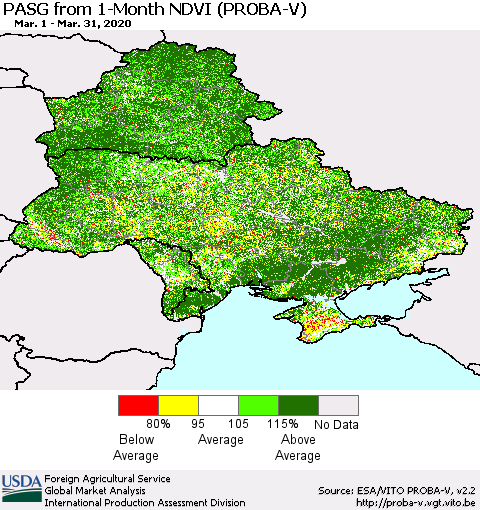 Ukraine, Moldova and Belarus PASG from 1-Month NDVI (PROBA-V) Thematic Map For 3/21/2020 - 3/31/2020