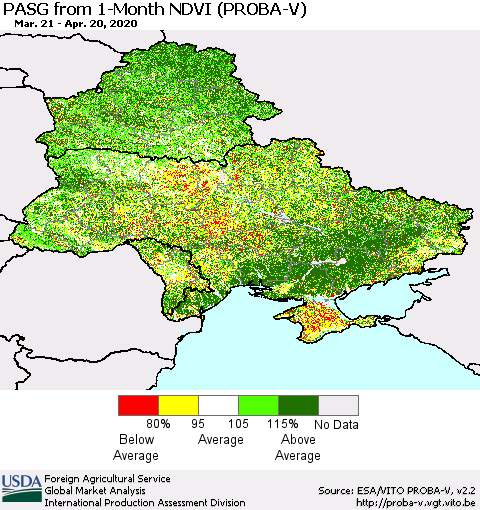 Ukraine, Moldova and Belarus PASG from 1-Month NDVI (PROBA-V) Thematic Map For 4/11/2020 - 4/20/2020