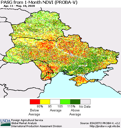 Ukraine, Moldova and Belarus PASG from 1-Month NDVI (PROBA-V) Thematic Map For 5/1/2020 - 5/10/2020