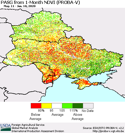 Ukraine, Moldova and Belarus PASG from 1-Month NDVI (PROBA-V) Thematic Map For 6/1/2020 - 6/10/2020