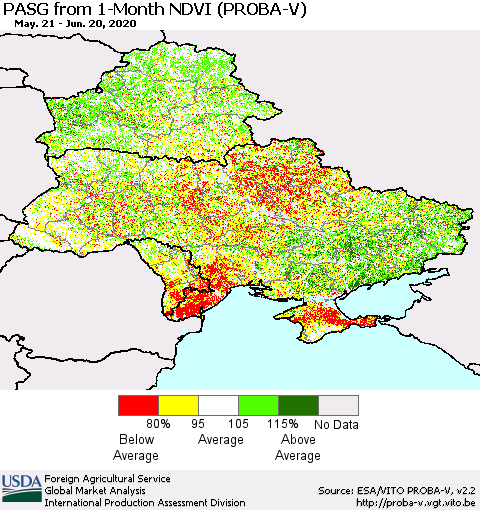 Ukraine, Moldova and Belarus PASG from 1-Month NDVI (PROBA-V) Thematic Map For 6/11/2020 - 6/20/2020