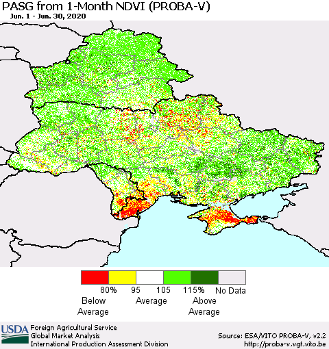 Ukraine, Moldova and Belarus PASG from 1-Month NDVI (PROBA-V) Thematic Map For 6/21/2020 - 6/30/2020
