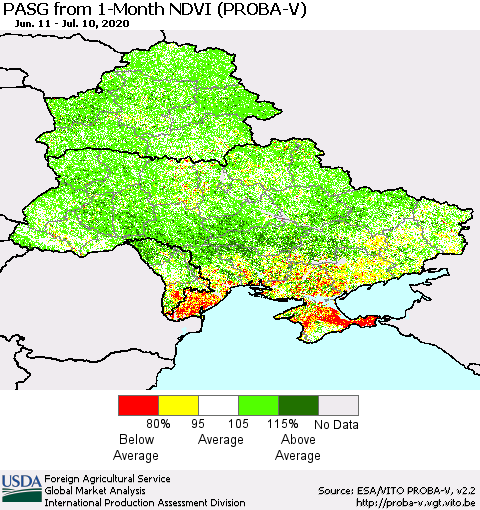 Ukraine, Moldova and Belarus PASG from 1-Month NDVI (PROBA-V) Thematic Map For 7/1/2020 - 7/10/2020