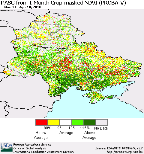 Ukraine, Moldova and Belarus PASG from 1-Month Crop-masked NDVI (PROBA-V) Thematic Map For 4/1/2018 - 4/10/2018