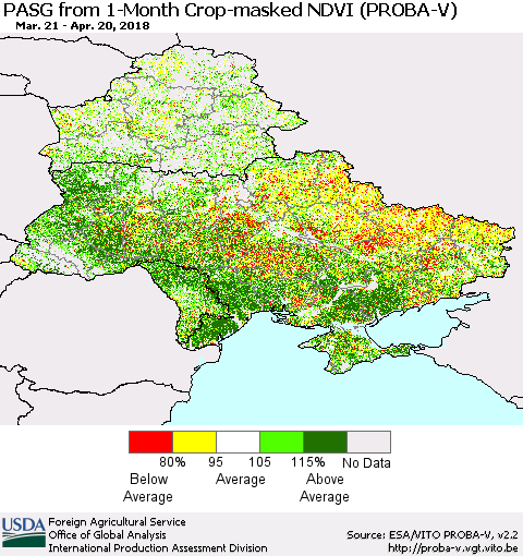Ukraine, Moldova and Belarus PASG from 1-Month Crop-masked NDVI (PROBA-V) Thematic Map For 4/11/2018 - 4/20/2018