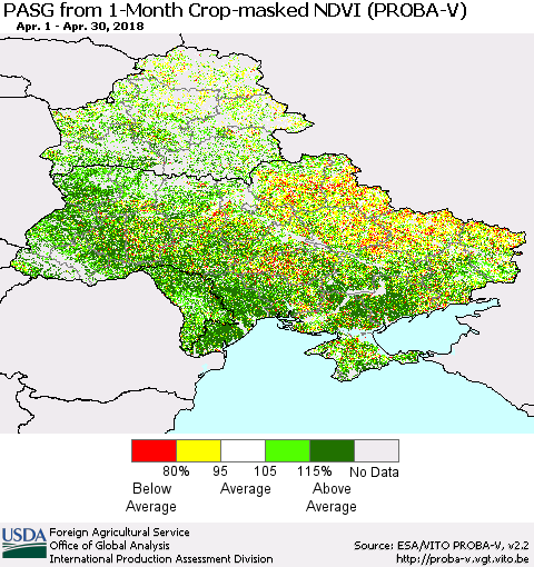 Ukraine, Moldova and Belarus PASG from 1-Month Crop-masked NDVI (PROBA-V) Thematic Map For 4/21/2018 - 4/30/2018