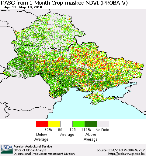 Ukraine, Moldova and Belarus PASG from 1-Month Crop-masked NDVI (PROBA-V) Thematic Map For 5/1/2018 - 5/10/2018