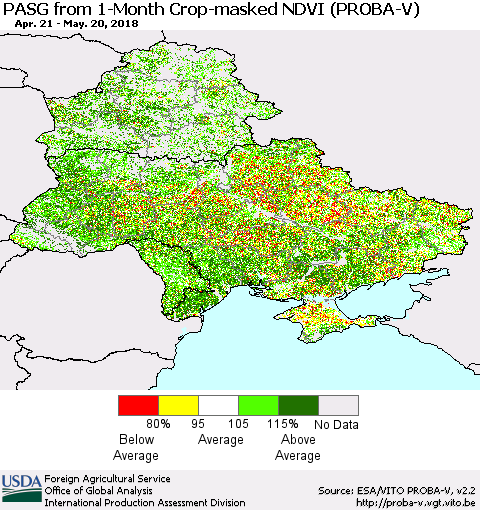 Ukraine, Moldova and Belarus PASG from 1-Month Crop-masked NDVI (PROBA-V) Thematic Map For 5/11/2018 - 5/20/2018