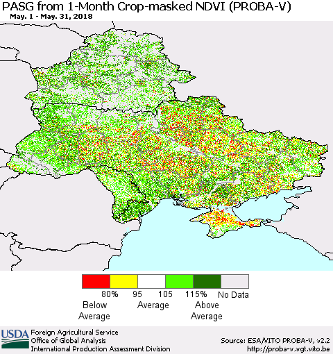 Ukraine, Moldova and Belarus PASG from 1-Month Crop-masked NDVI (PROBA-V) Thematic Map For 5/21/2018 - 5/31/2018