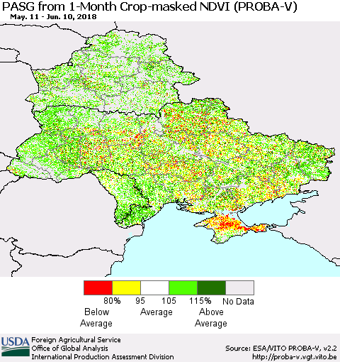 Ukraine, Moldova and Belarus PASG from 1-Month Crop-masked NDVI (PROBA-V) Thematic Map For 6/1/2018 - 6/10/2018