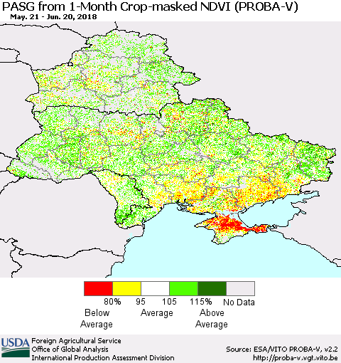 Ukraine, Moldova and Belarus PASG from 1-Month Crop-masked NDVI (PROBA-V) Thematic Map For 6/11/2018 - 6/20/2018