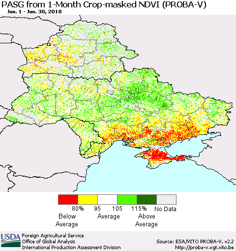 Ukraine, Moldova and Belarus PASG from 1-Month Crop-masked NDVI (PROBA-V) Thematic Map For 6/21/2018 - 6/30/2018