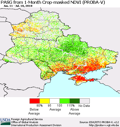 Ukraine, Moldova and Belarus PASG from 1-Month Crop-masked NDVI (PROBA-V) Thematic Map For 7/1/2018 - 7/10/2018