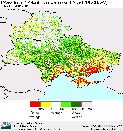 Ukraine, Moldova and Belarus PASG from 1-Month Crop-masked NDVI (PROBA-V) Thematic Map For 7/21/2018 - 7/31/2018