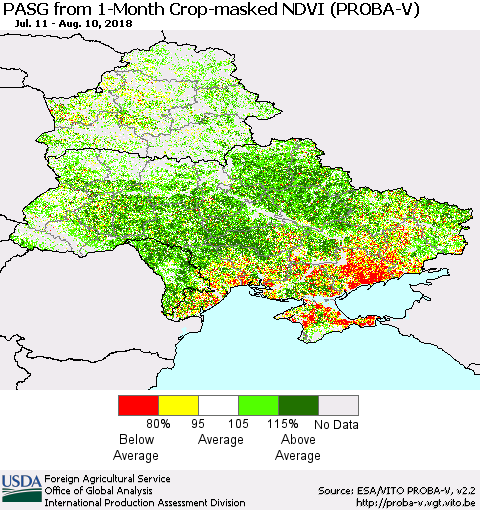 Ukraine, Moldova and Belarus PASG from 1-Month Crop-masked NDVI (PROBA-V) Thematic Map For 8/1/2018 - 8/10/2018