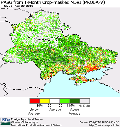 Ukraine, Moldova and Belarus PASG from 1-Month Crop-masked NDVI (PROBA-V) Thematic Map For 8/11/2018 - 8/20/2018