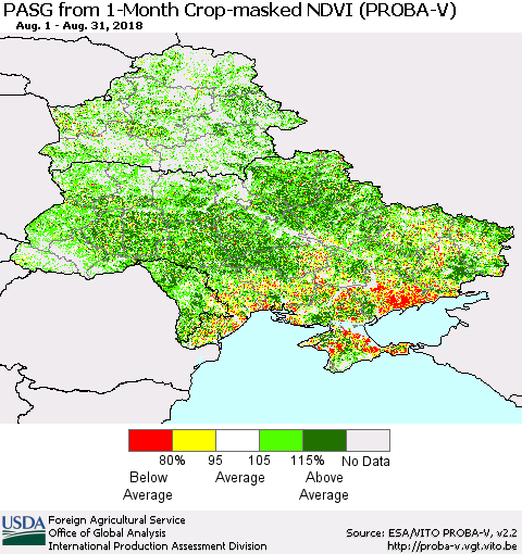 Ukraine, Moldova and Belarus PASG from 1-Month Crop-masked NDVI (PROBA-V) Thematic Map For 8/21/2018 - 8/31/2018