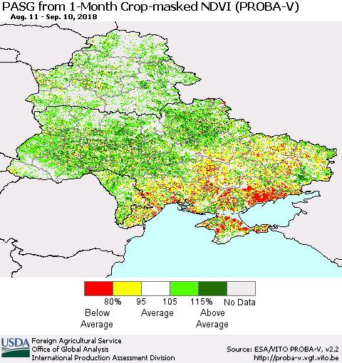 Ukraine, Moldova and Belarus PASG from 1-Month Crop-masked NDVI (PROBA-V) Thematic Map For 9/1/2018 - 9/10/2018