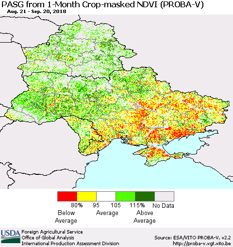 Ukraine, Moldova and Belarus PASG from 1-Month Crop-masked NDVI (PROBA-V) Thematic Map For 9/11/2018 - 9/20/2018