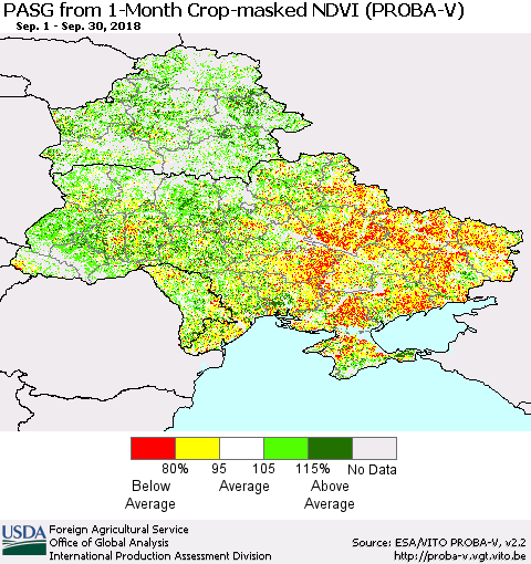 Ukraine, Moldova and Belarus PASG from 1-Month Crop-masked NDVI (PROBA-V) Thematic Map For 9/21/2018 - 9/30/2018