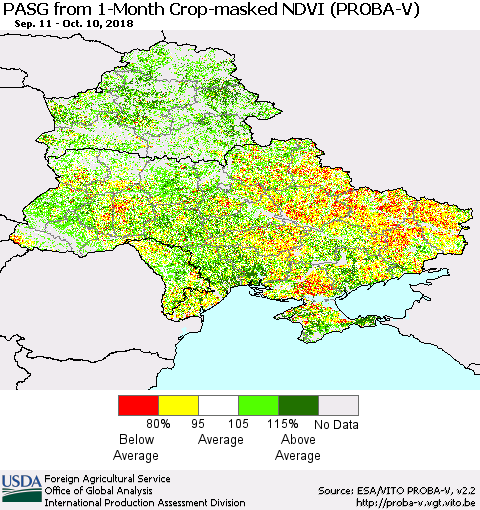 Ukraine, Moldova and Belarus PASG from 1-Month Crop-masked NDVI (PROBA-V) Thematic Map For 10/1/2018 - 10/10/2018