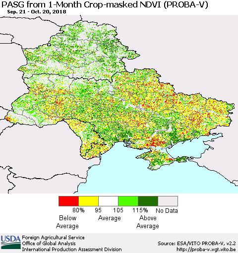 Ukraine, Moldova and Belarus PASG from 1-Month Crop-masked NDVI (PROBA-V) Thematic Map For 10/11/2018 - 10/20/2018