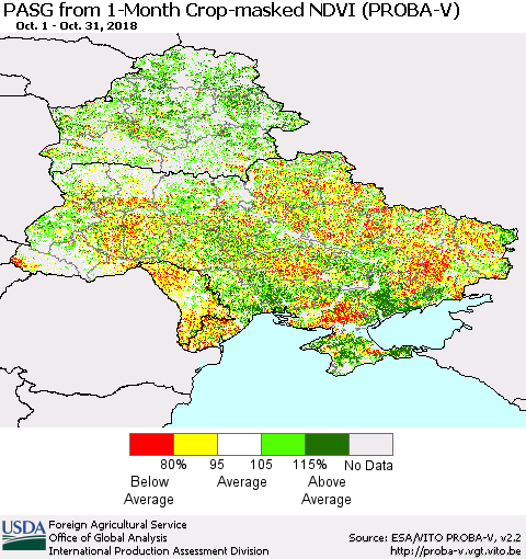 Ukraine, Moldova and Belarus PASG from 1-Month Crop-masked NDVI (PROBA-V) Thematic Map For 10/21/2018 - 10/31/2018