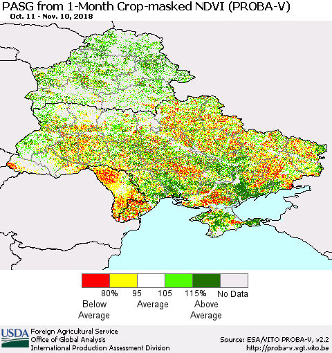 Ukraine, Moldova and Belarus PASG from 1-Month Crop-masked NDVI (PROBA-V) Thematic Map For 11/1/2018 - 11/10/2018